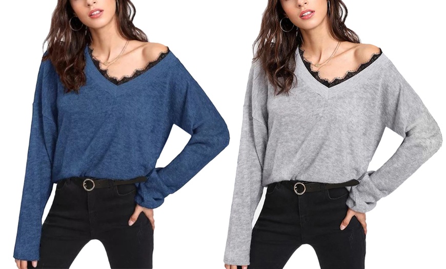 Image 9: Lace Trim V-Neck Sweater