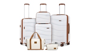 White and Tan Wave Design Hard Shell Suitcase and Travel Bag Set