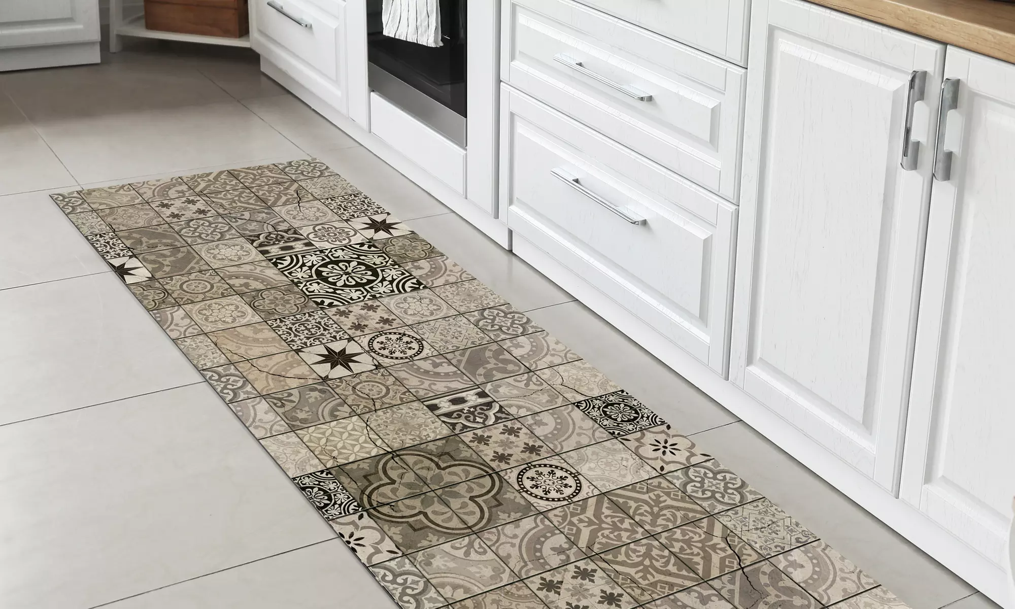Alfombra de cocina con diseño de azulejos y reverso antideslizante