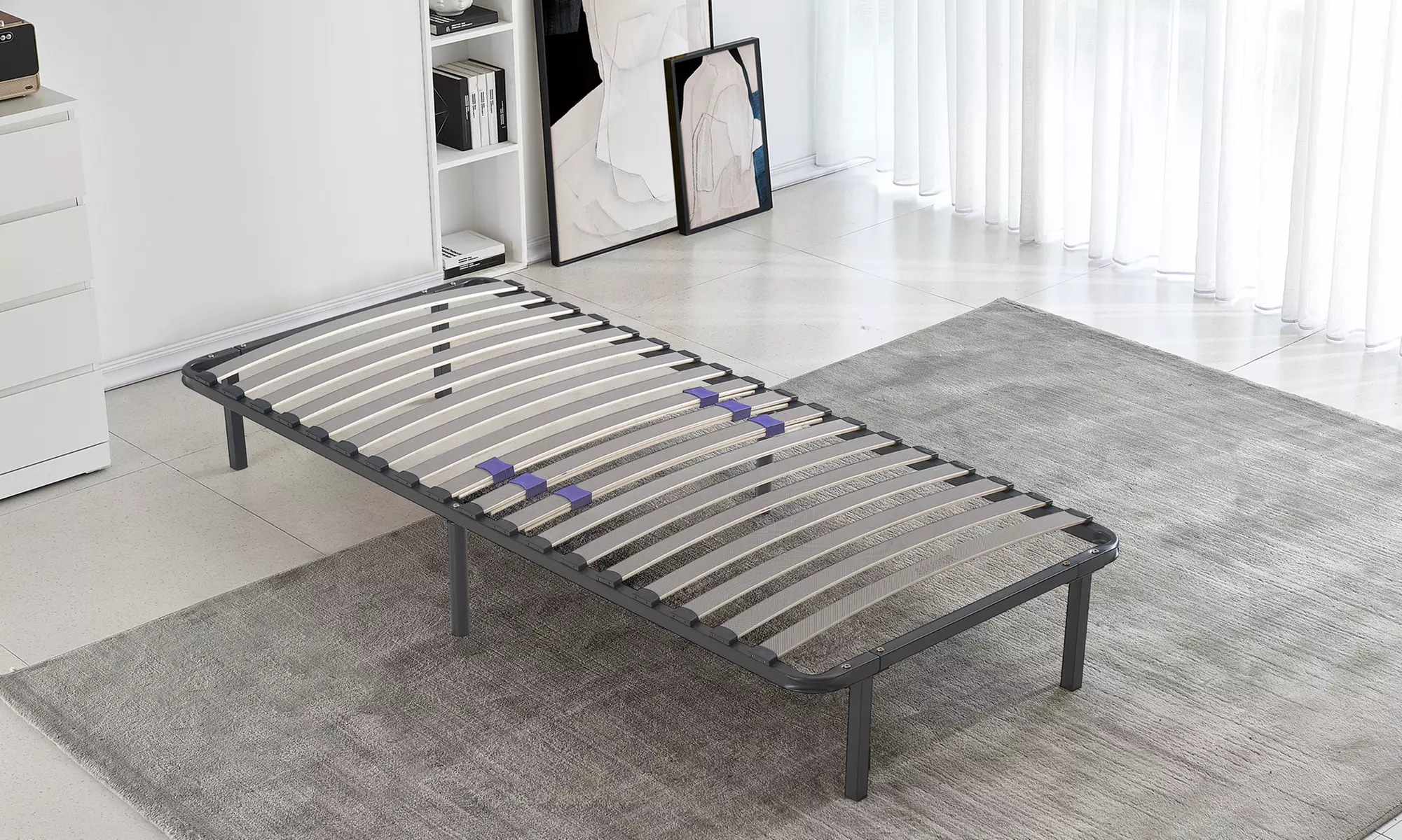 Somier metálico con lamas ajustables y patas, Sampur