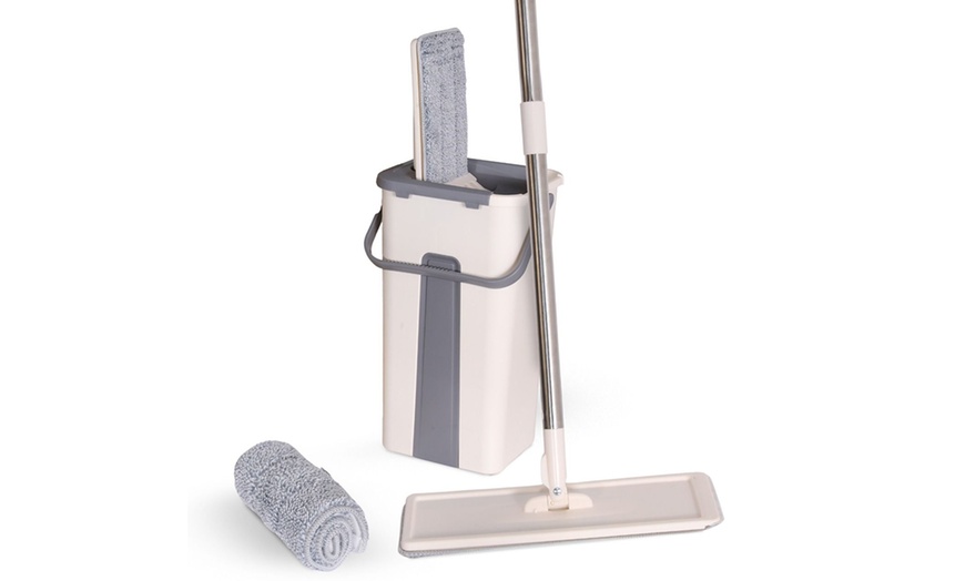 Image 1: 2-in-1 Flat Mop and Bucket Set with Wringer and 360° Swivel Mop Head
