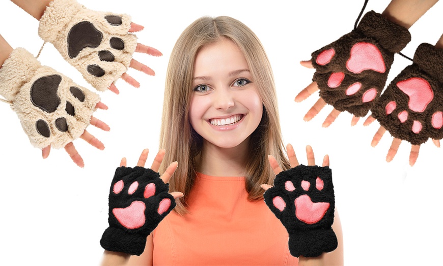 Image 1: Fingerless Paw Winter Gloves