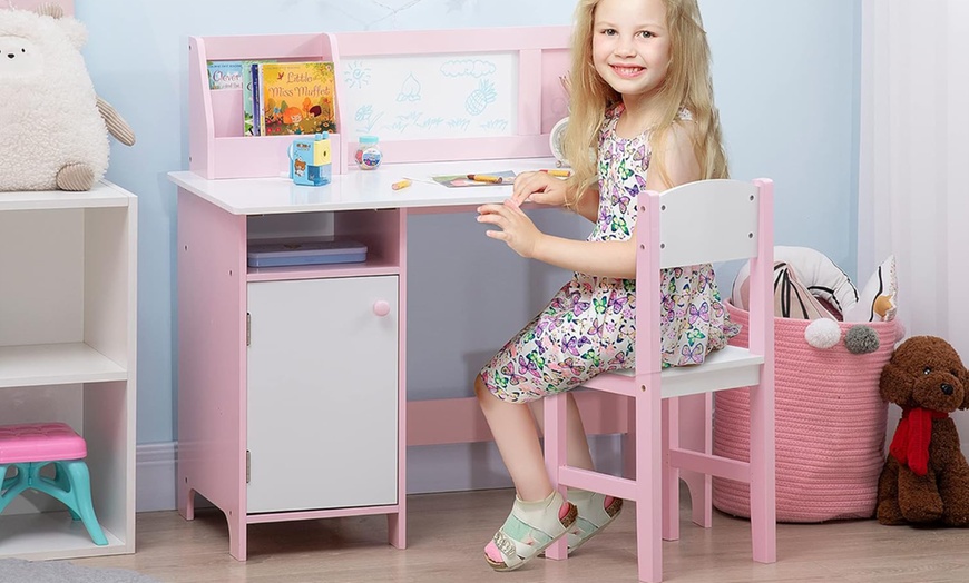 Image 1: HomCom Kid's Desk and Chair Set