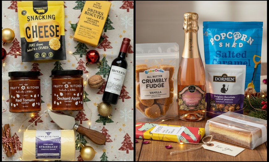 Image 1: Festive Foodie & Boozy Hampers Filled With Gourmet Snacks and Drinks