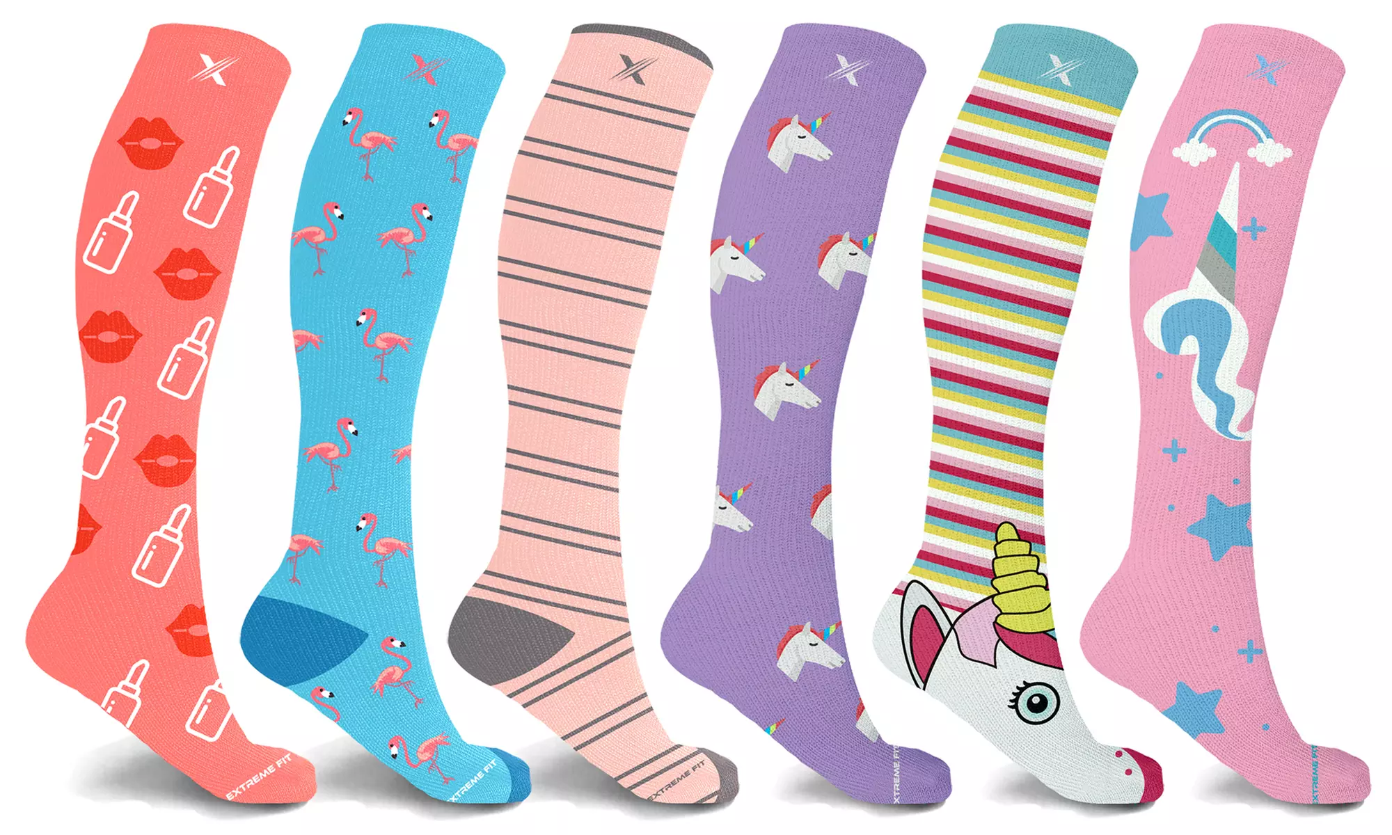 XTF Unicorn & Flamingo Knee High Compression Socks (3 or 6 Pairs) - Primary Image