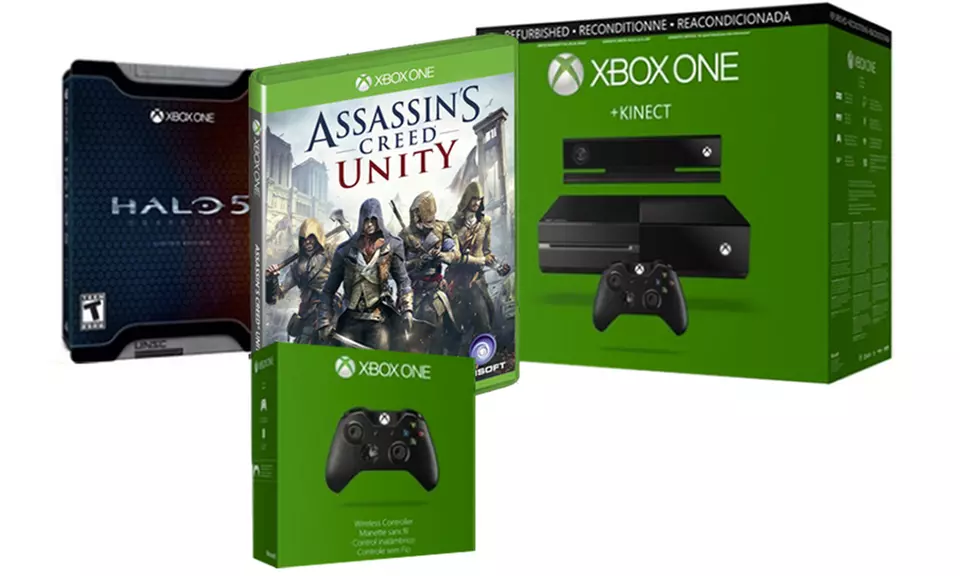 Xbox One 500GB Console with 2 Controllers, Kinect, Halo 5, and Assassin's Creed Unity (Manufacturer Refurbished) - Primary Image