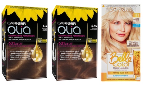 3 confezioni di tinte per capelli Garnier, disponibili in 3 colori e 2 tipologie