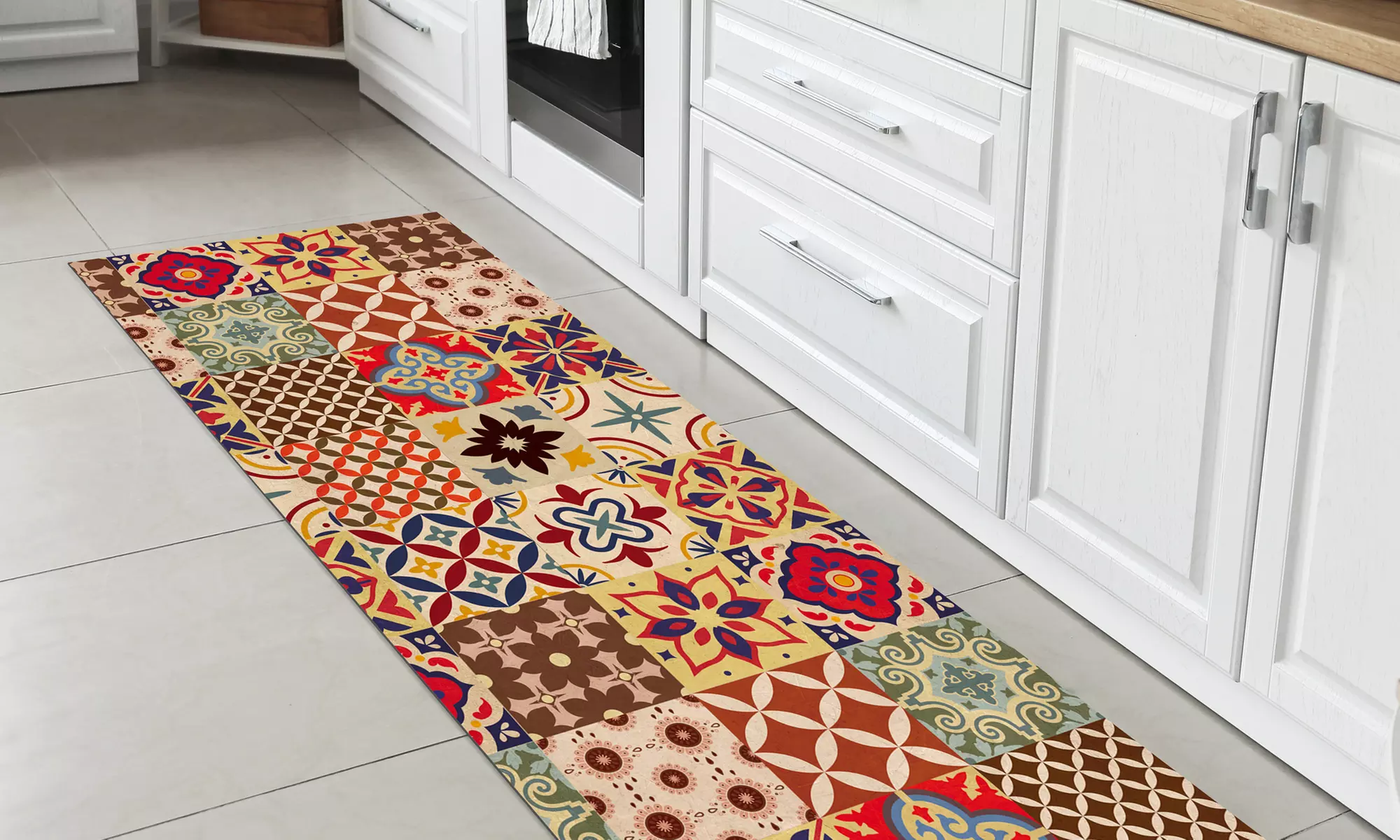 Alfombra de cocina con diseño de azulejos y reverso antideslizante