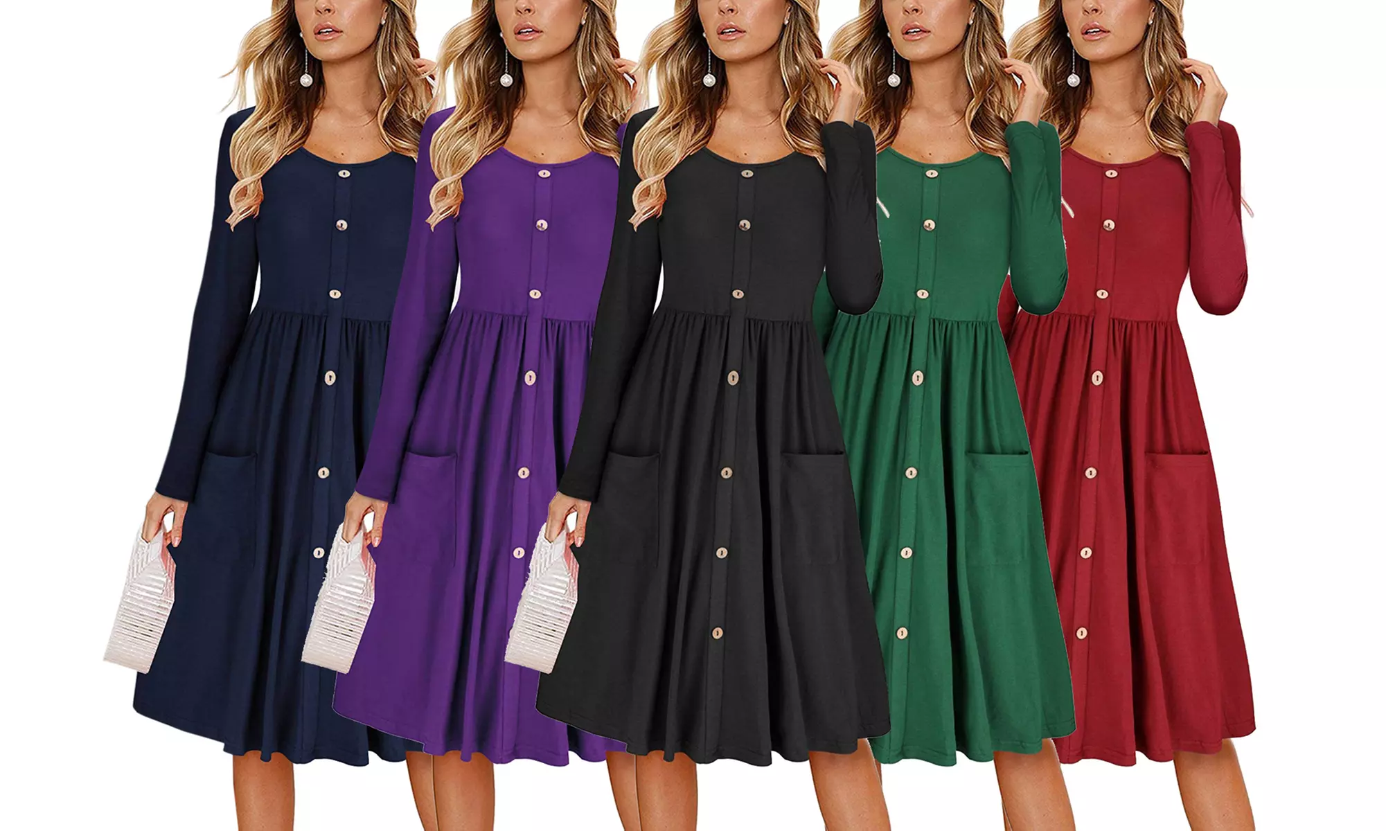 Haute Edition Women's Long-Sleeve Button-Down Dress with Pockets. Plus Sizes Available. - Primary Image