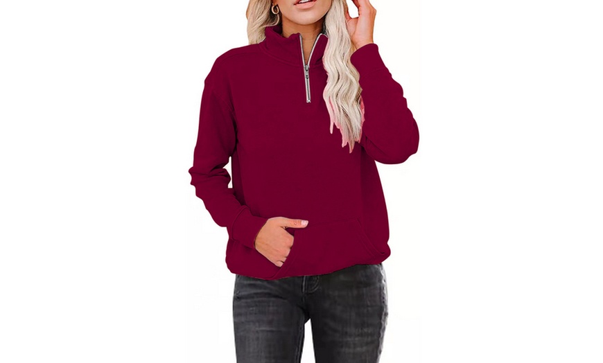 Image 5: Solid Colour Zipper Stand-Up Collar Long-Sleeved Sweatshirt