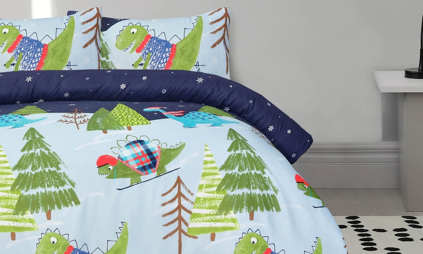 Image 11: Super Soft and Reversible Dino Skiing Printed Duvet Set