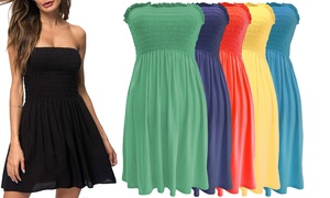 Plain Sheering Bandeau Gather Mini Dress