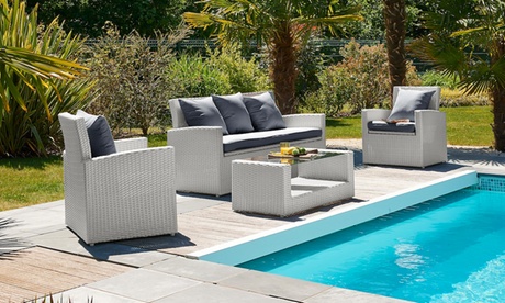 Salon de jardin Koh Samui : 1 table basse + 2 fauteuils + 1 banquette 3 places + 8 coussins