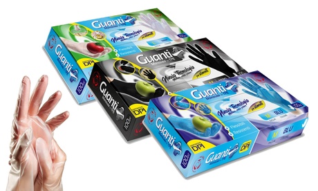 100 o 200 guanti monouso in TPE disponibili in 3 colori e 2 taglie