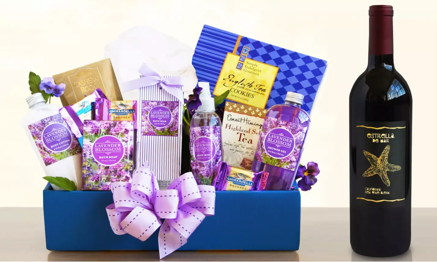 Relaxing Lavender Bath and Wine Gift Basket. Shipping Included - Primary Image