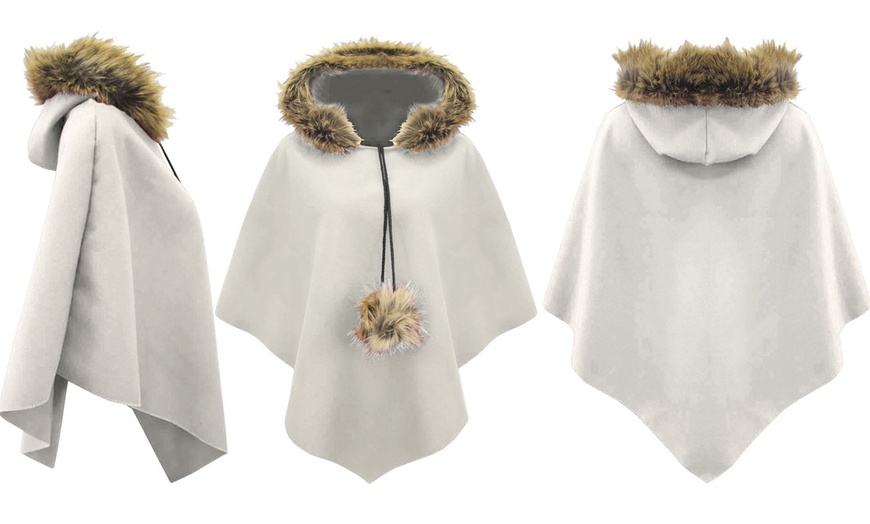 Image 7: Ladies Fur Trim Hooded Cape 