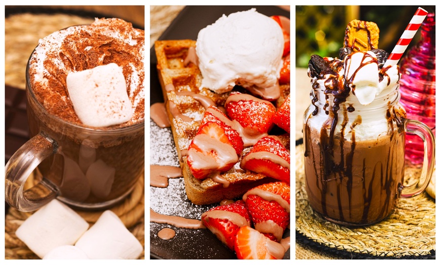 Image 1: Gourmet Waffles & Hot Chocolate or Milkshake + 10% off Store Purchases