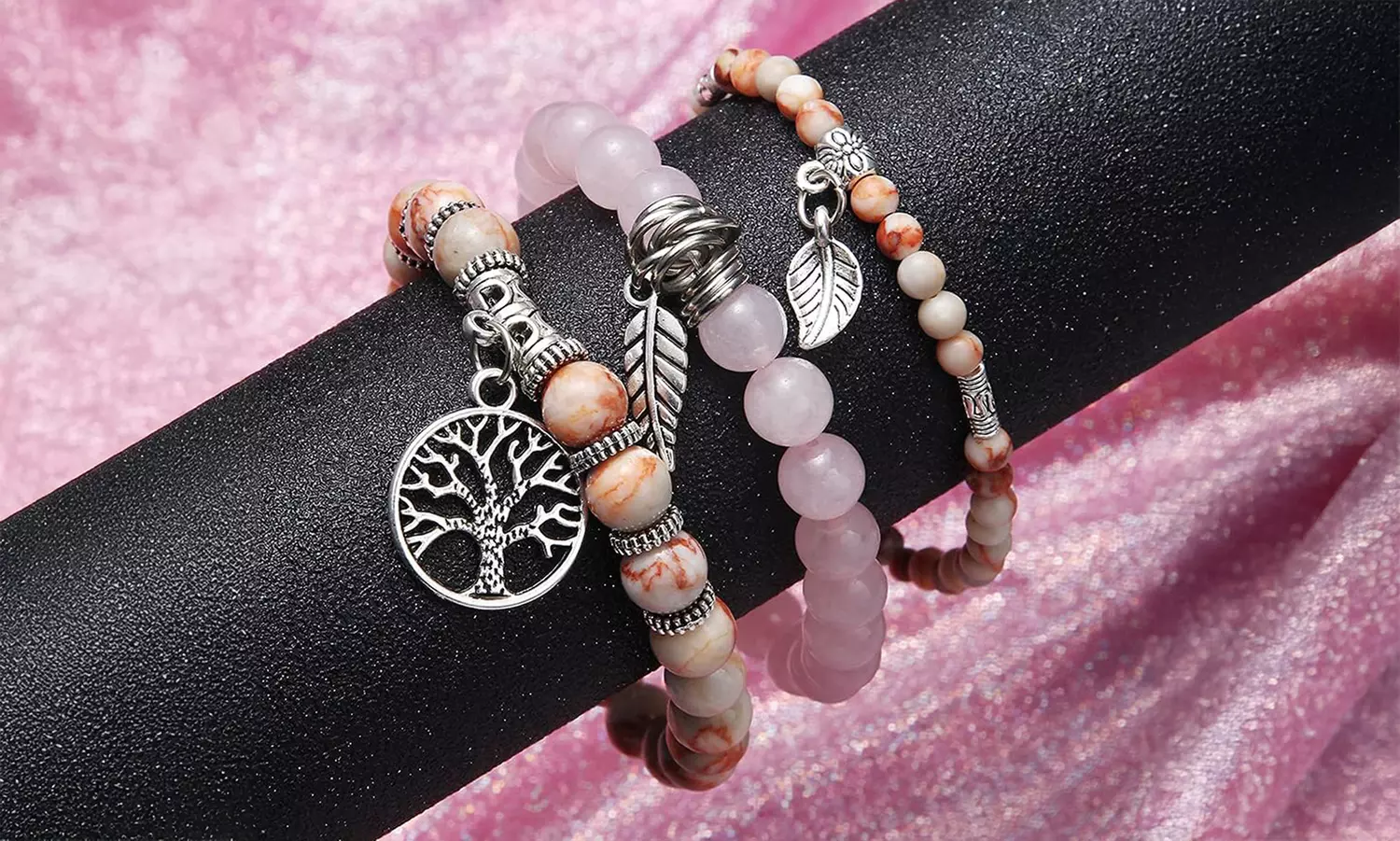 1x oder 2x 3er-Set Schmuckstein-Armbänder mit Blatt-Anhängern