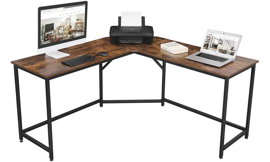 Image 2: L-Shaped Rustic Brown Wood Computer Desk