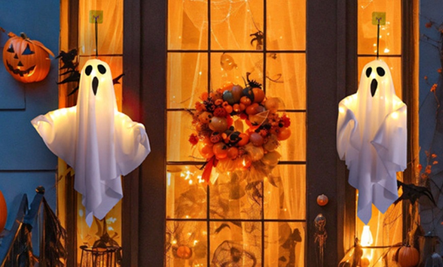 Image 1: Two-Pack Spooky Ghost Halloween Decor with String Lights