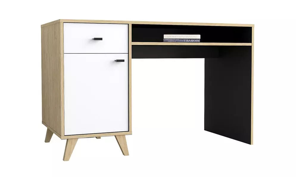 Bureau "Freyja" en MDF, avec tiroir, placard fermé et placard ouvert, livraison offerte - Image 3