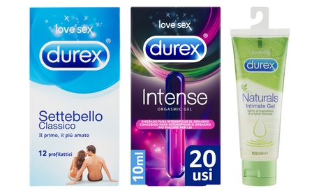 Fino a 6 confezioni da 12 preservativi Settebello Classico e 1 gel opzionale da 10 ml Durex, disponibile in 2 tipologie