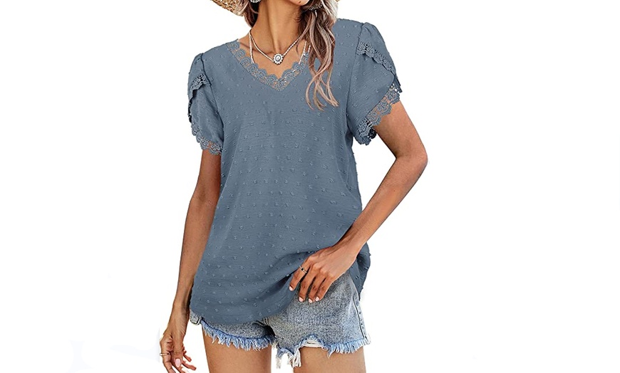 Image 4: Women's V-Neck Lace Petal Sleeve Dot T-Shirt