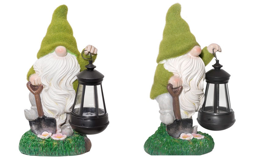 Image 4: One or Two Solar Lantern Flocked Garden Gnomes