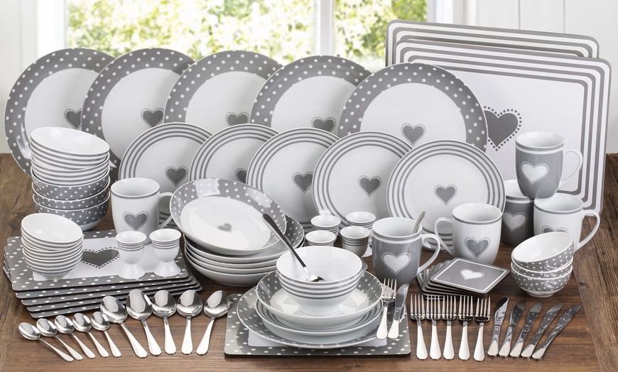 Image 1: Waterside Fine China 80-Piece Grey Heart Dinner Set