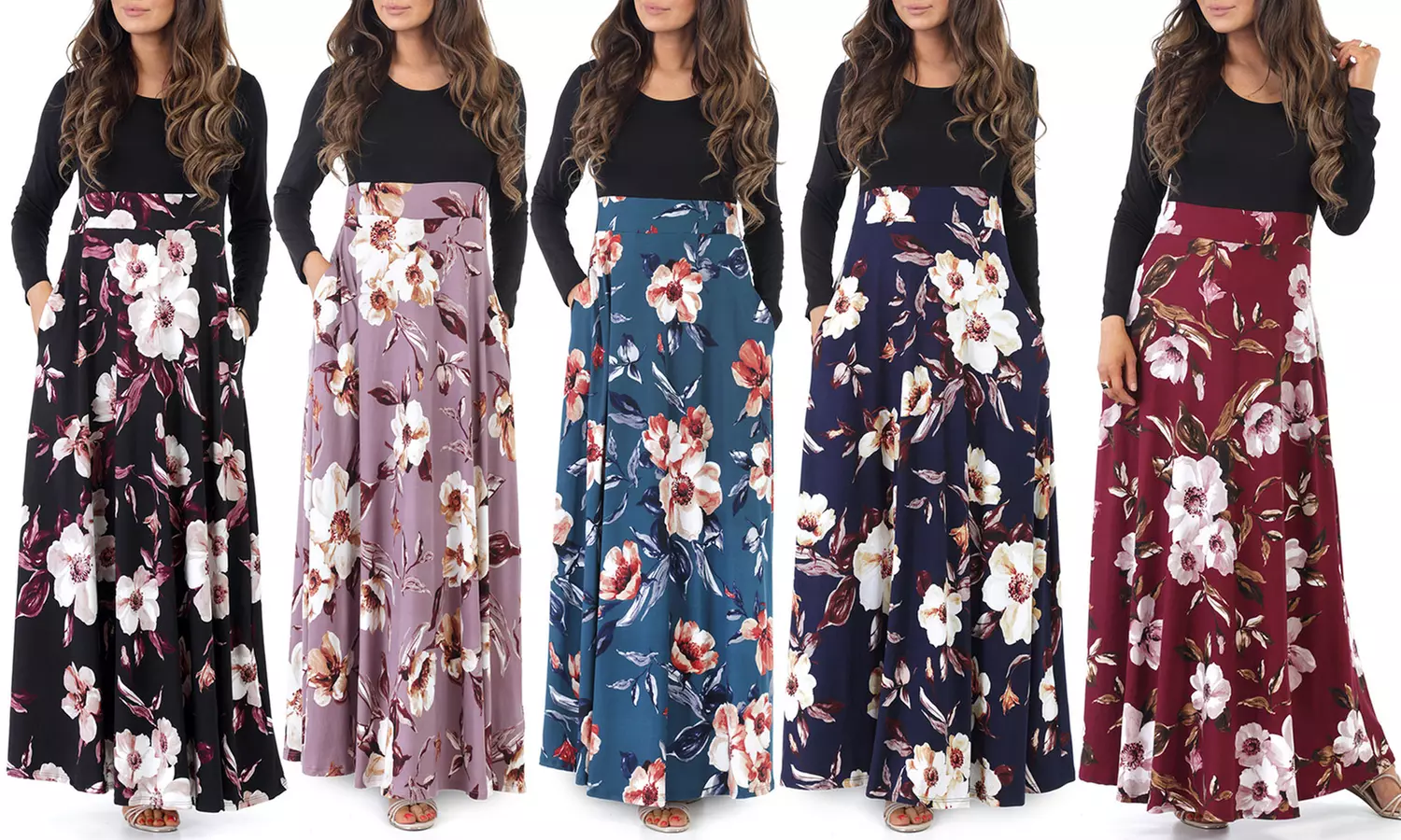 Women's Floral Skirt Maxi Dress with Long Sleeves. Plus Sizes Available. - Primary Image