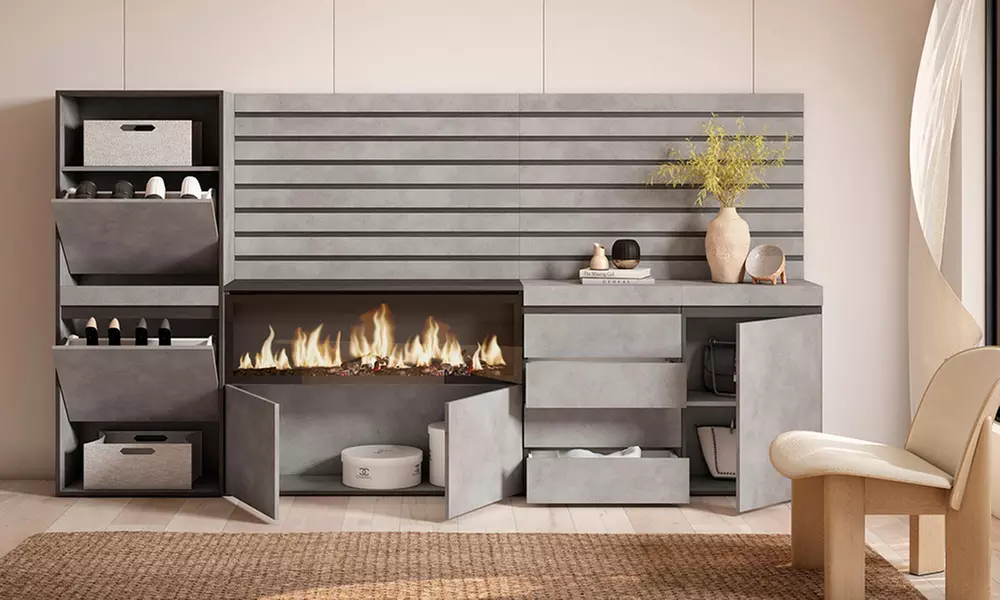 Moderna scarpiera, armadietto e cassettiera con camino elettrico LED, con spedizione gratuita