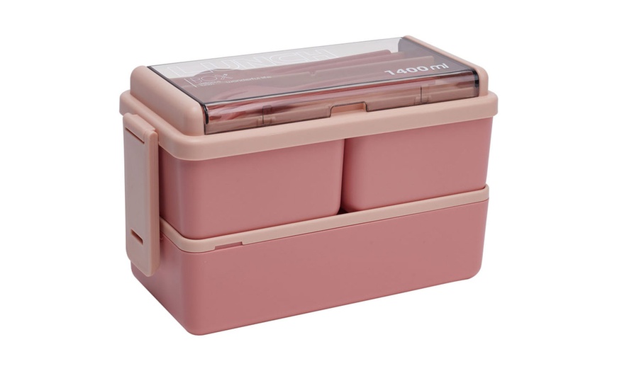 Image 2: Dual-Layer Plastic Bento Lunch Box with Cutlery