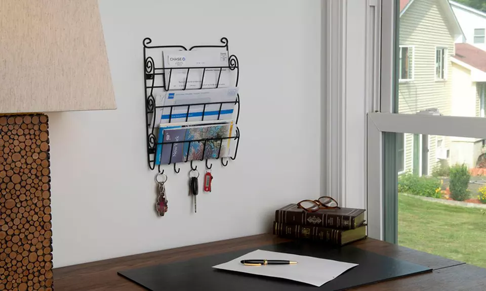 Evelots 3-Tier Wall Mounted Letter Rack with Key Hooks - Primary Image