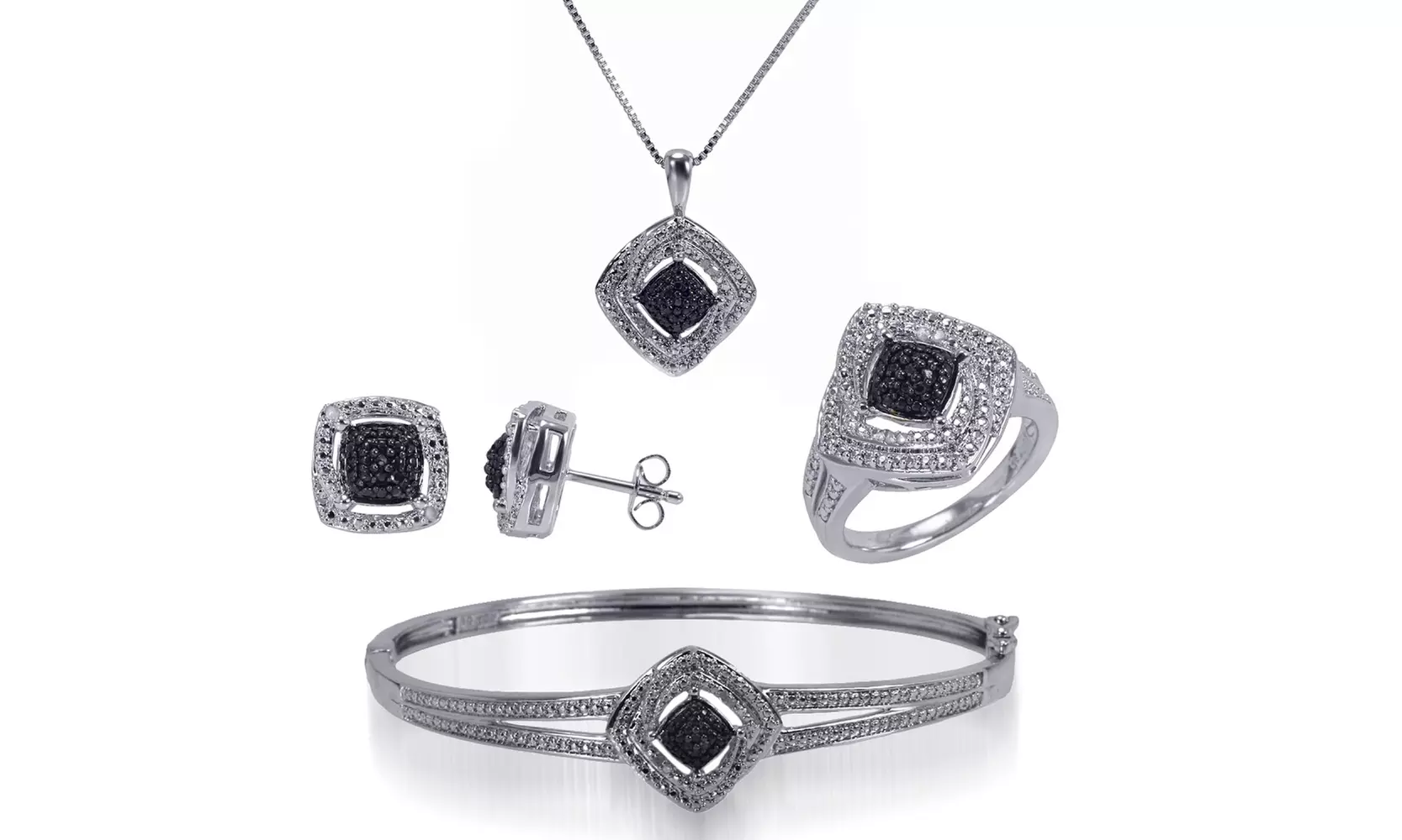 1/4 CTTW Black and White Diamond Jewelry Set in 14K White Gold Plating by Brilliant Diamond (5-Piece) - Primary Image