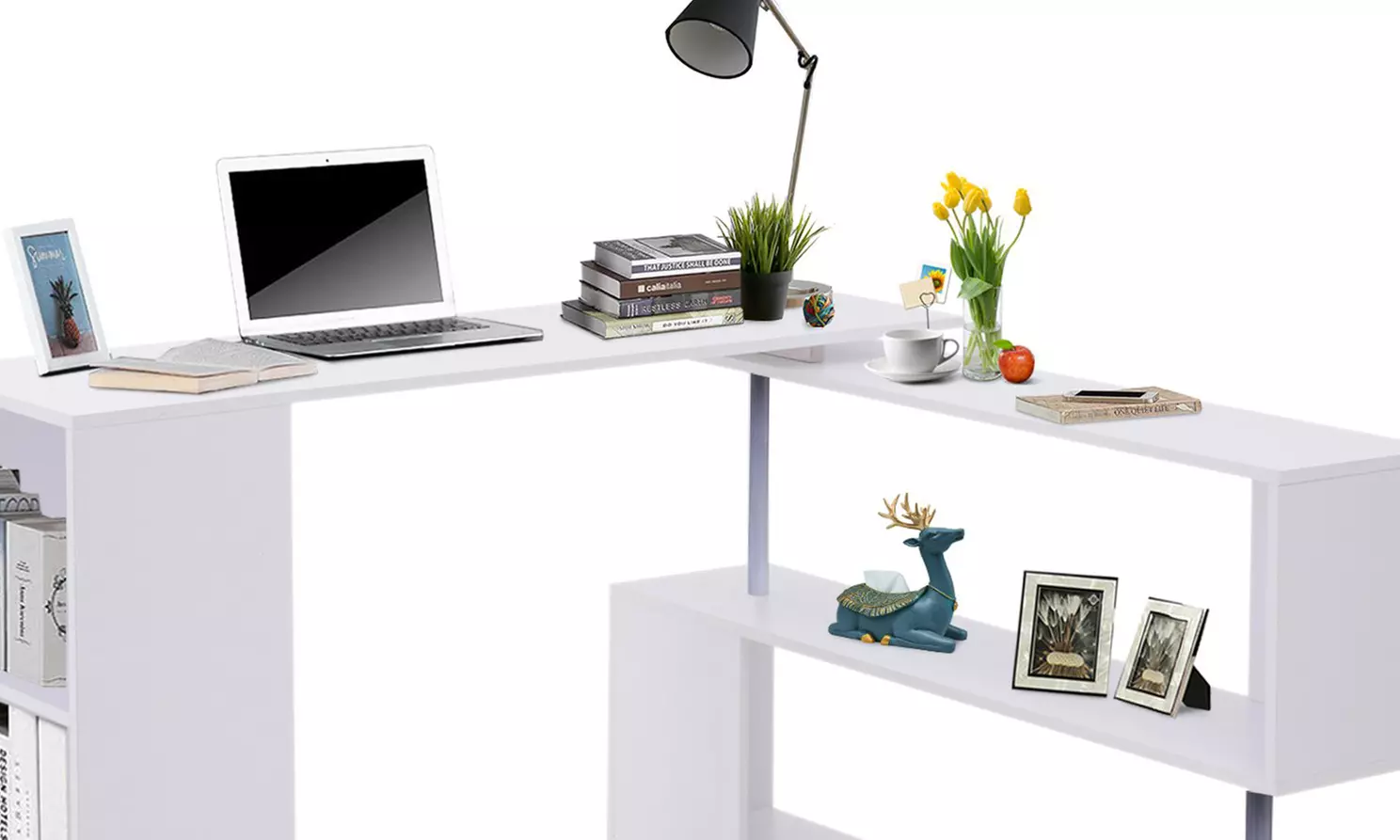 Homcom L-Shaped Desk with 360° Rotating Storage Shelves