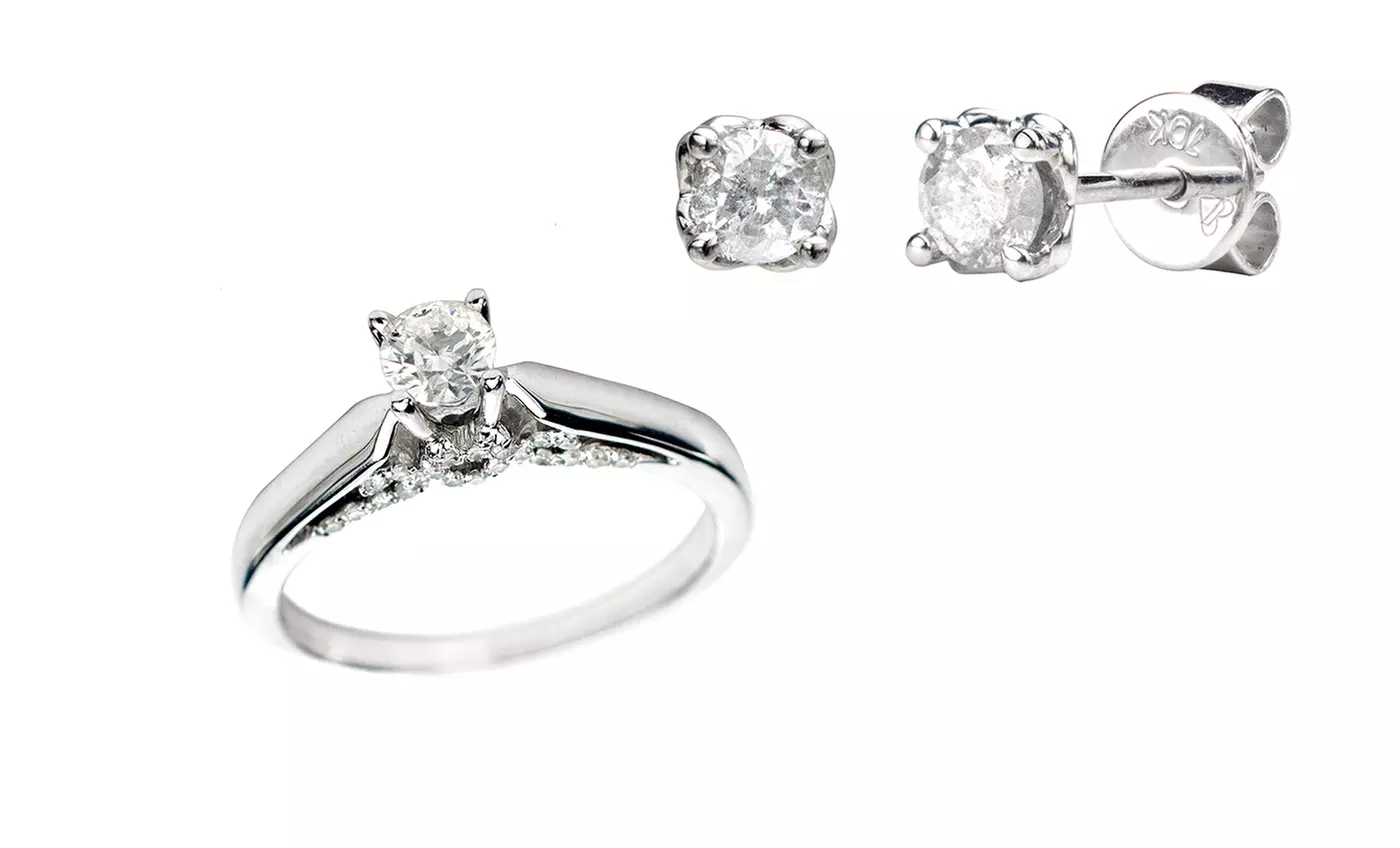 1/2 CTTW Diamond Solitaire Plus Ring, or Matching 1/2 CTTW Diamond Earrings in 10K Gold. Free Returns.  - Primary Image