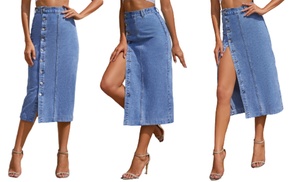 Women's Button Slit Denim High-Waist Long Skirt