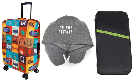 Kit de viaje con organizador, funda protectora y cojín con capucha