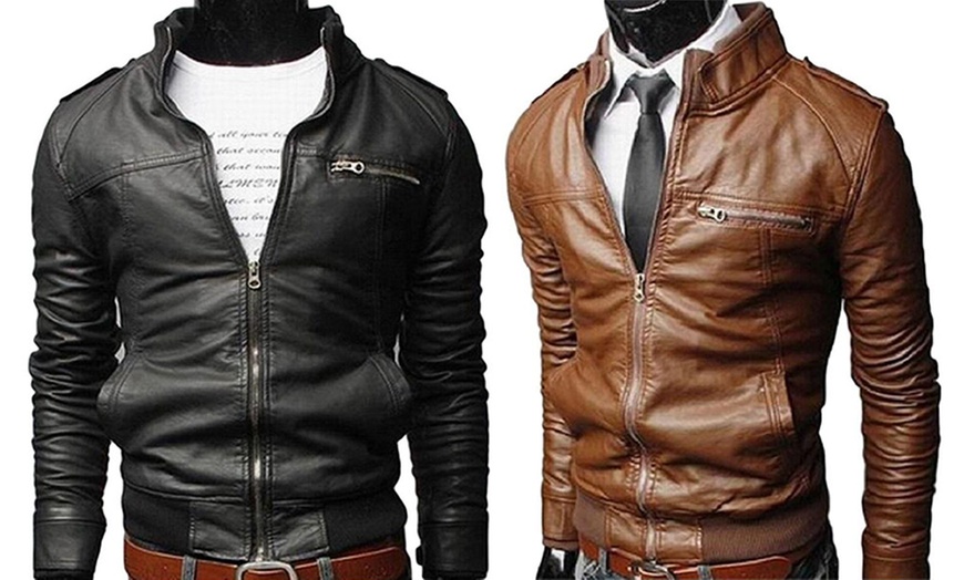 Image 1: Men's Faux-Leather Biker Jacket