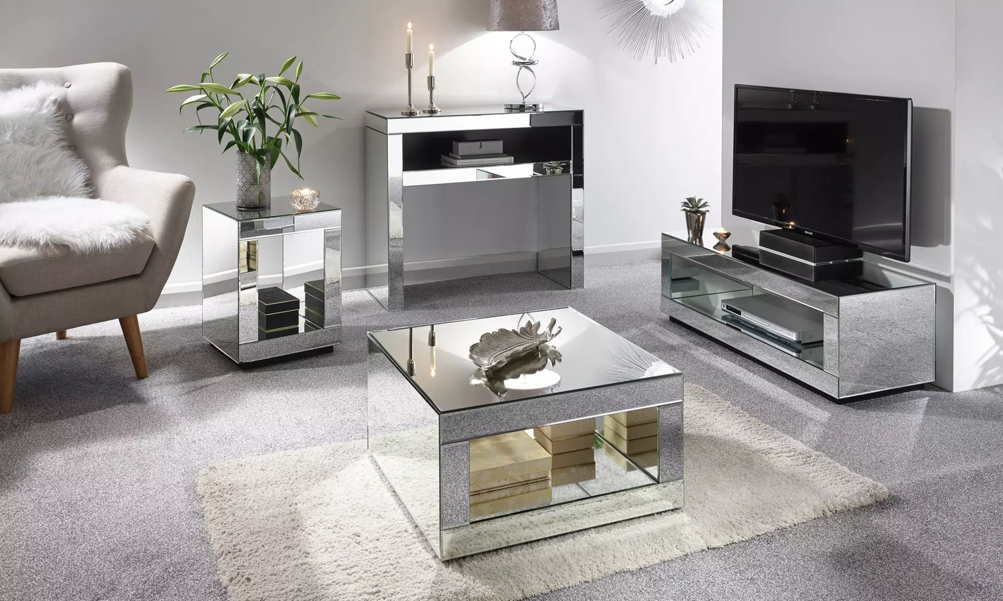 Mirrored Living Room Lamp Table, Coffee Table, TV Unit, Console Table or All Four Pieces - Primary Image