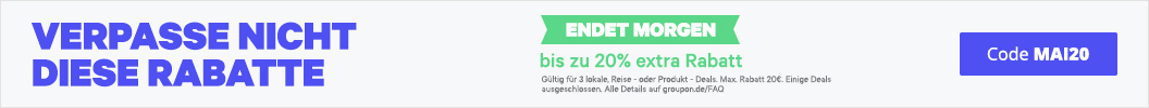 GROUPON.de - Sichere Dir 20% Rabatt auf lokale, 15% auf Reise- und 10% auf Produkt - Deals Spare bei Deinen Einkäufen! Stöbere in unserer Sammlung von Deals und erhalte bis zu 20% Rabatt auf lokale, 15% auf Reise- und 10% auf Produkt - Deals. Verwende den Code MAI20 beim Checkout. Endet morgen.
