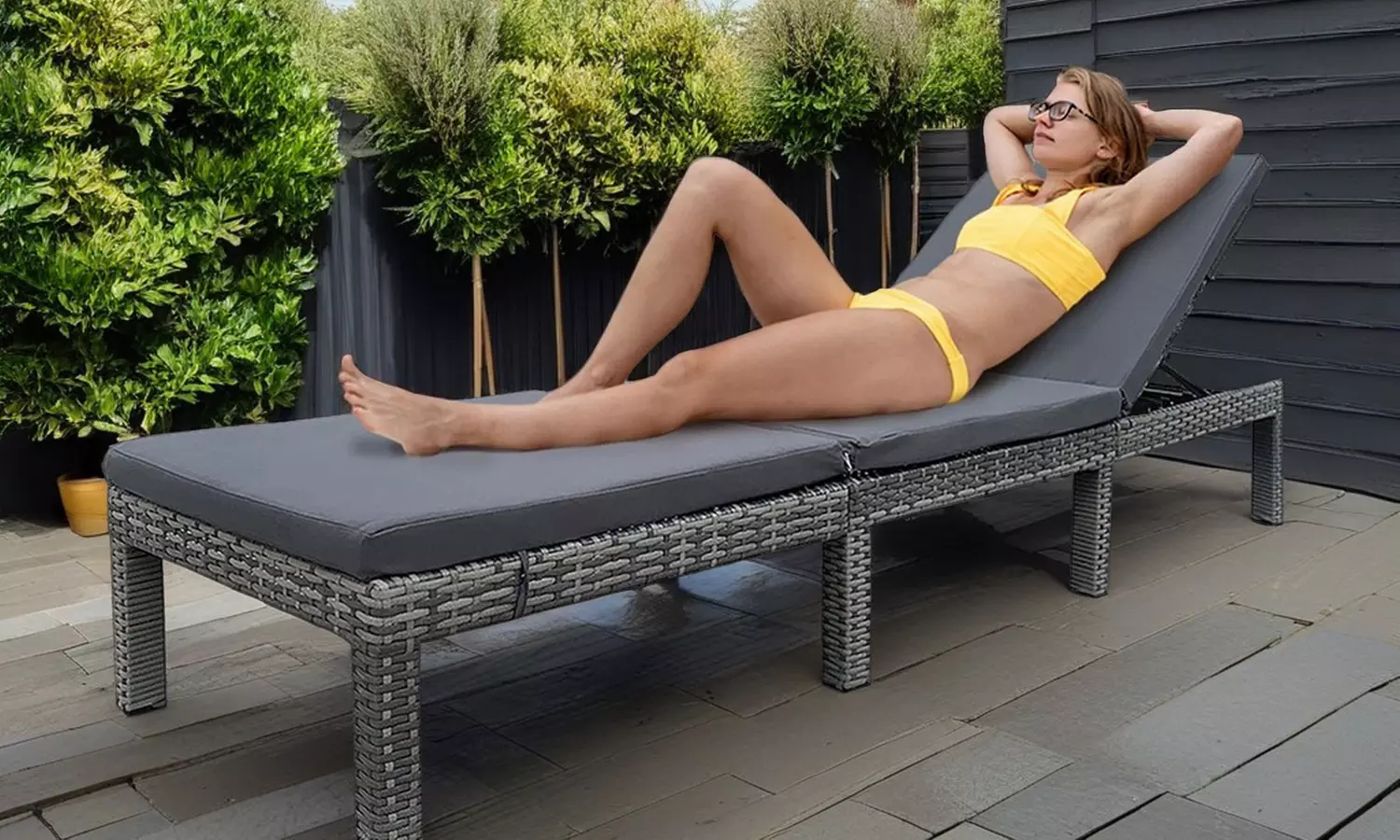 Grey Rattan-Effect Adjustable Sun Lounger with Cushion
