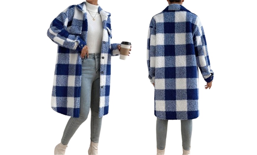 Image 5: Women's Plaid Teddy Long Sleeved Coat 