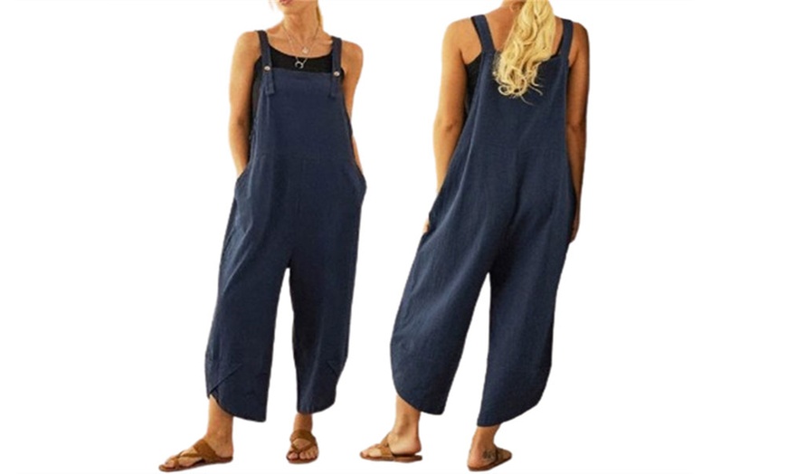 Image 4: Women's Cotton Blend Casual Wide Leg Jumpsuit with Pockets