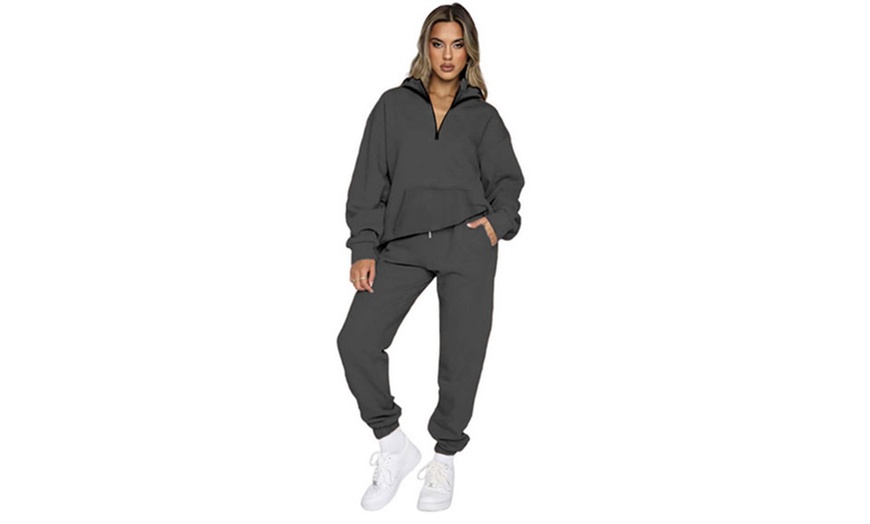 Image 6: Women Two-Piece Hooded Half Zip Sweatshirt Tracksuit Set