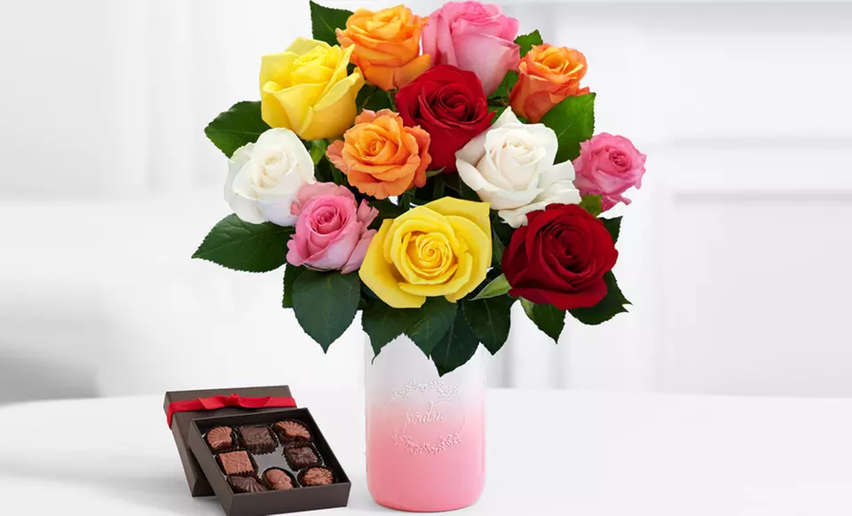 12 Long-Stemmed Roses with Vase, Chocolates and Standard Delivery from ProFlowers - Primary Image