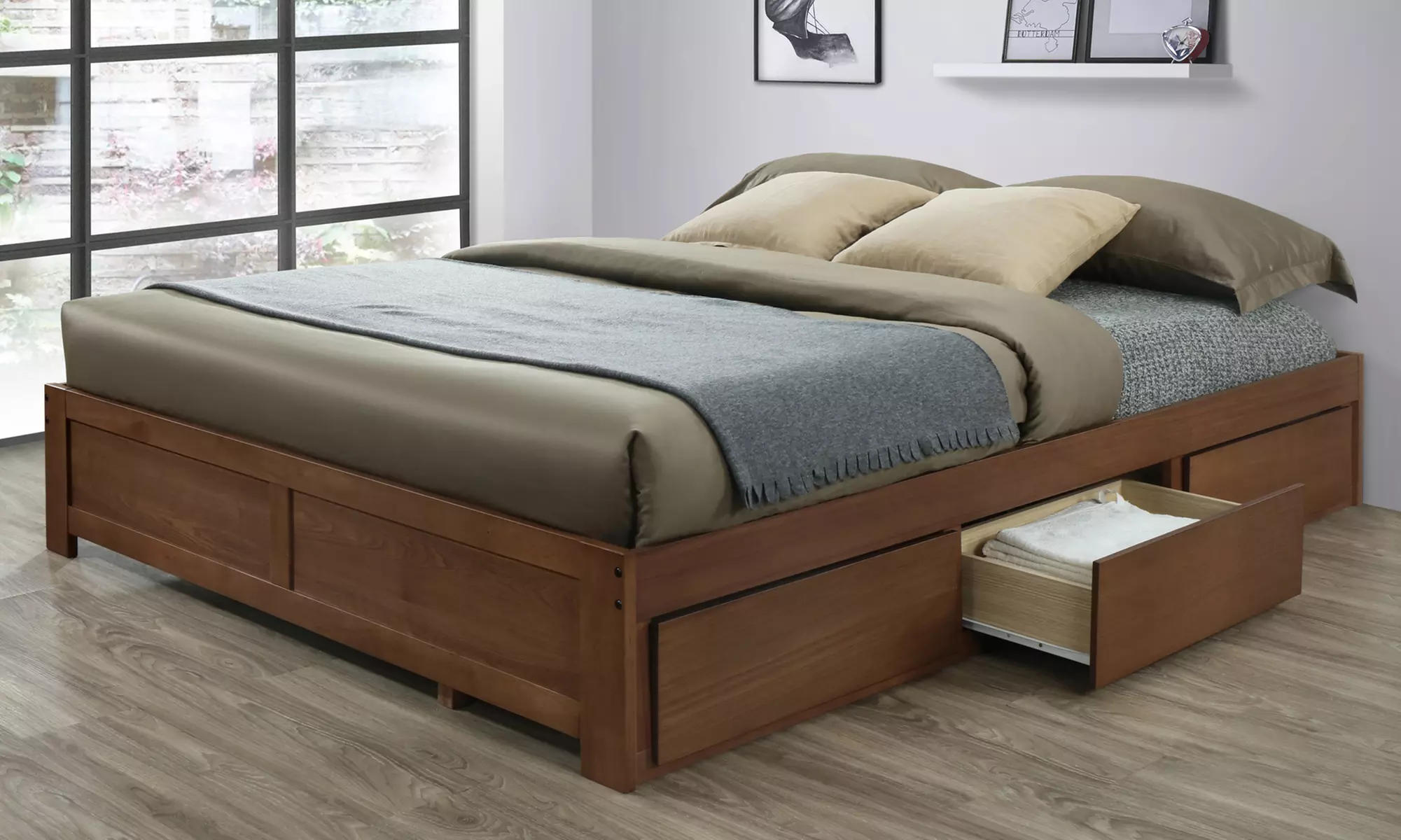 Baxton Studio Candice Walnut Finished Rubberwood Storage Platform Bed - Primary Image
