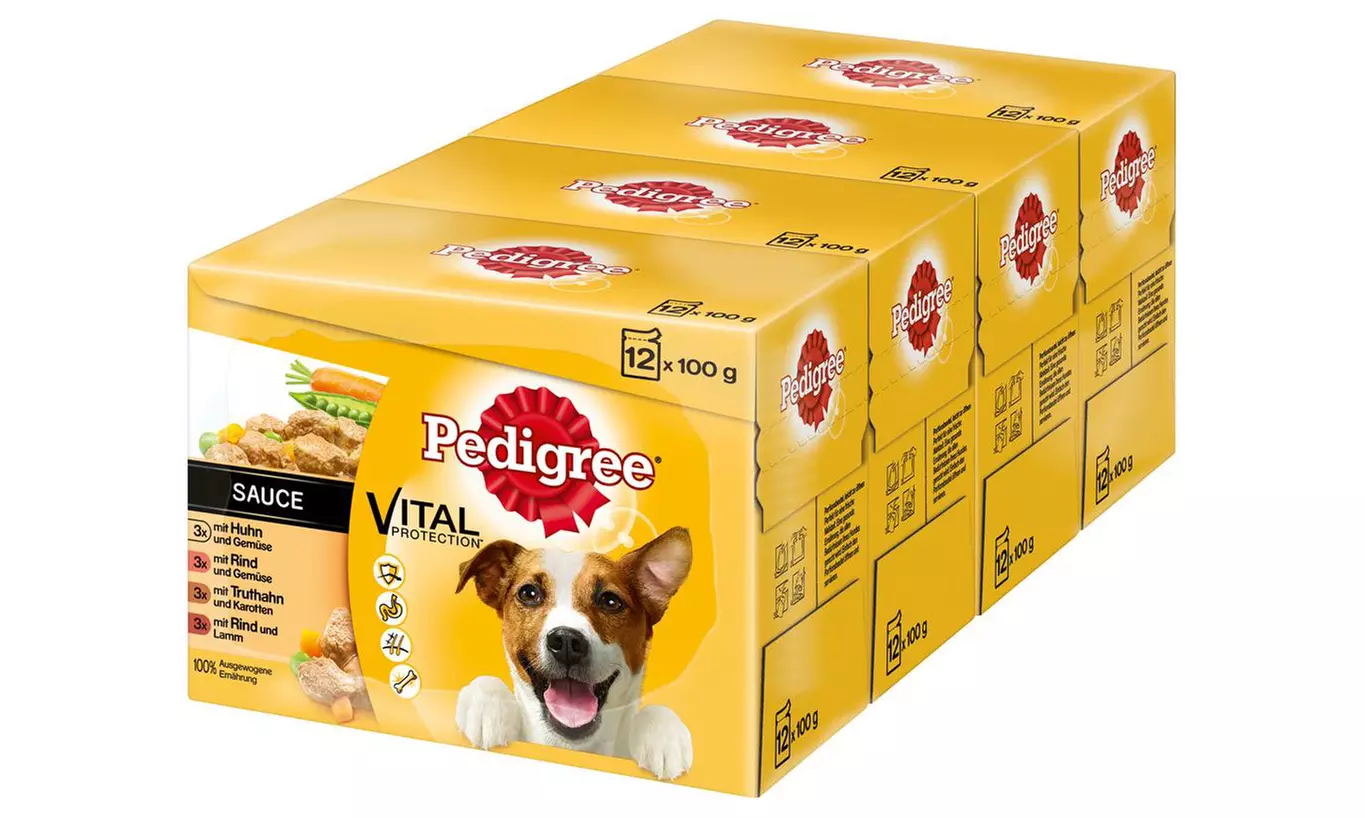 Pedigree 4x 12er- oder 84er-Set Nassfutter im Beutel für ausgewachsene Hunde oder Welpen in Soße oder Gelee - Second Medium