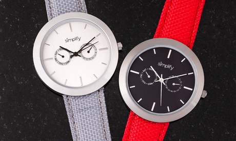 Orologio Simplify 6100 con cinturino in tela e data visibile sul quadrante, disponibile in vari colori