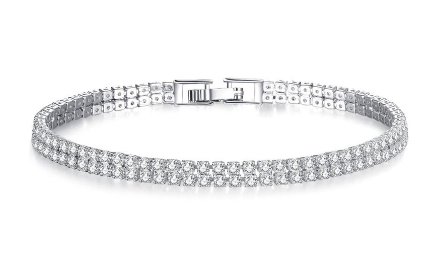 Image 1: 3CT Rhodium Plated Two Row Lab Sapphire Bracelet